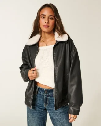 Blouson aviateur en simili cuir avec col en sherpa