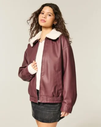 Blouson aviateur en simili cuir avec col en sherpa