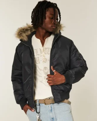 Blouson bomber zippé avec bordure en fausse fourrure