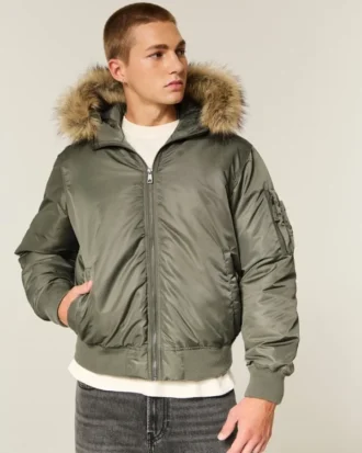 Blouson bomber zippé avec bordure en fausse fourrure
