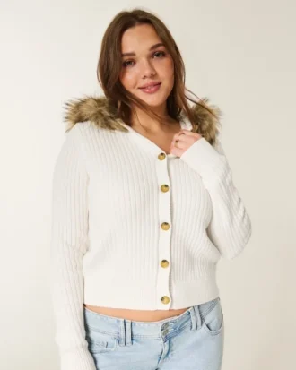 Cardigan à capuche et bordure en fausse fourrure