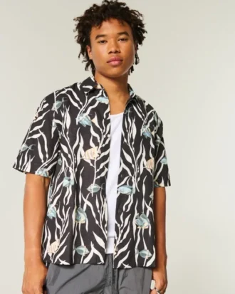 Chemise ample en lin mélangé à motif poissons tropicaux
