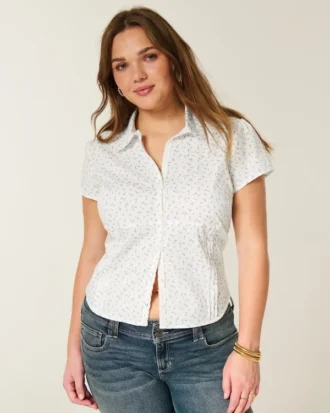 Chemise à manches courtes en popeline stretch boutonnée