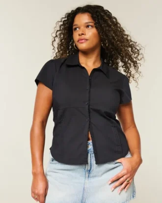Chemise à manches courtes en popeline stretch boutonnée