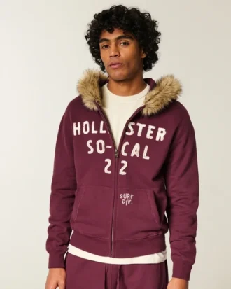 Faux fourrure Bordure Zip-Up Logo Graphique Hoodie