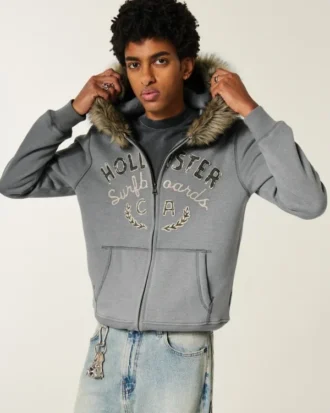 Faux fourrure Bordure Zip-Up Logo Graphique Hoodie