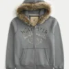 Faux fourrure Bordure Zip-Up Logo Graphique Hoodie Faux fourrure Bordure Zip-Up Logo Graphique Hoodie