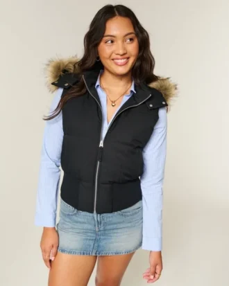 Gilet à capuche Y2K avec bordure en fausse fourrure