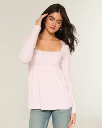 Haut babydoll à manches longues avec bordure en dentelle facile à porter