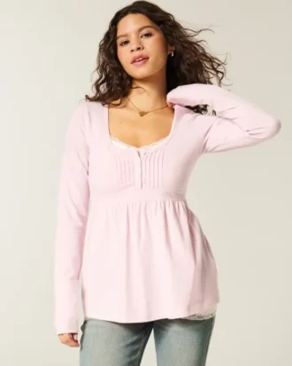 Haut babydoll à manches longues et col Henley