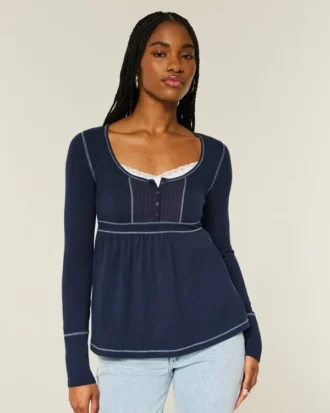 Haut babydoll à manches longues et col Henley