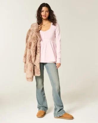 Haut babydoll à manches longues et col Henley