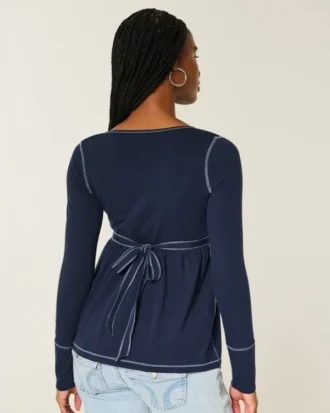 Haut babydoll à manches longues et col Henley
