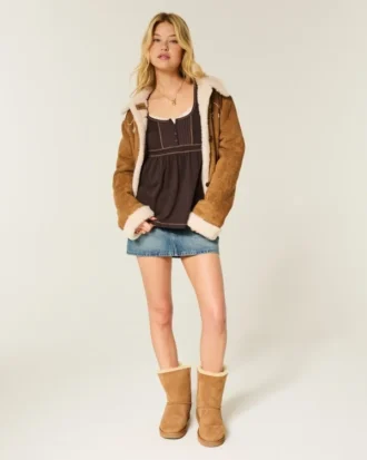 Haut babydoll à manches longues et col Henley