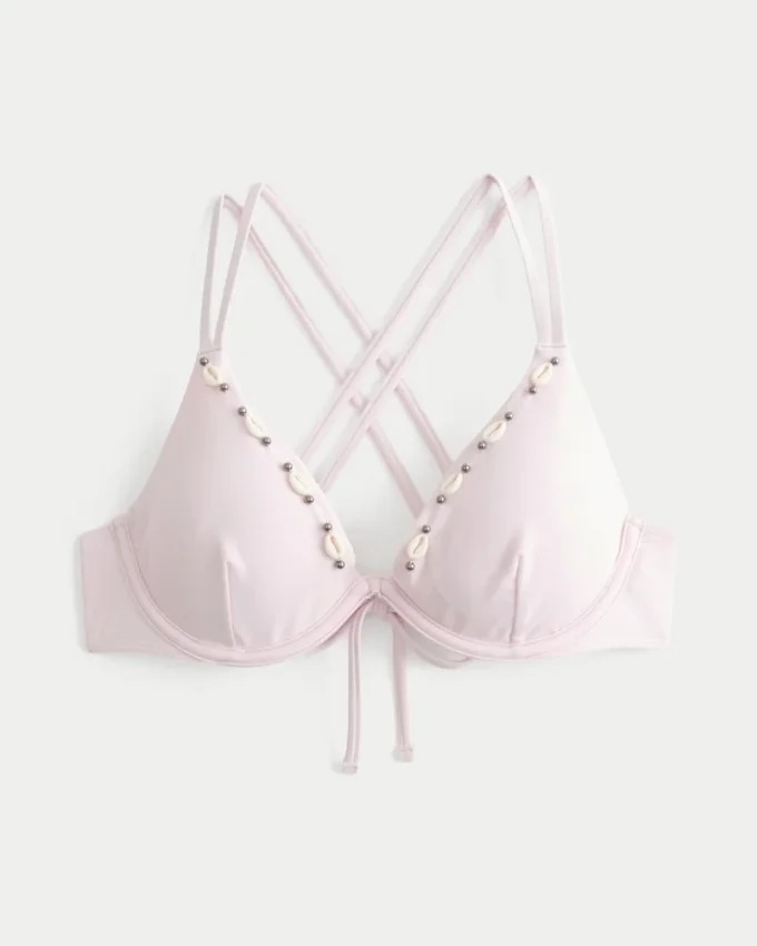 Haut de bikini à armatures et bretelles croisées dans le dos, orné de coquillages Haut de bikini à armatures et bretelles croisées dans le dos, orné de coquillages