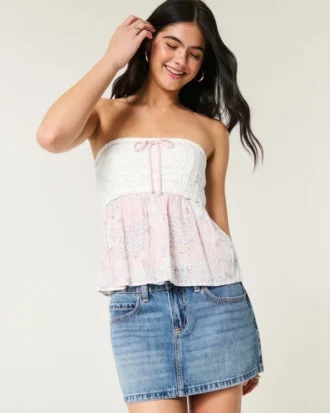 Haut sans bretelles facile à porter, mélange de tissus style crochet