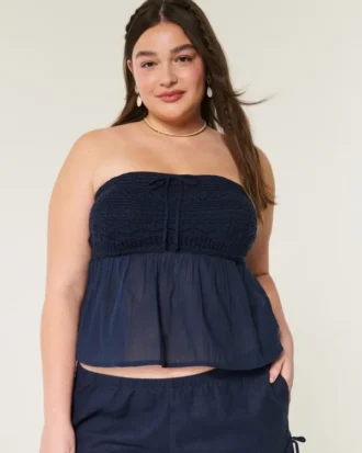 Haut sans bretelles facile à porter, mélange de tissus style crochet