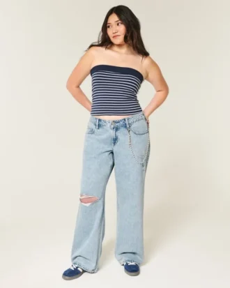 Jean baggy délavé clair à taille basse et déchirures