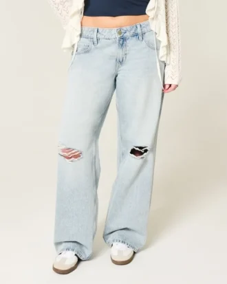 Jean baggy délavé clair à taille basse et déchirures