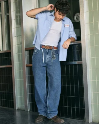 Jean baggy skater délavé moyen avec motif étoile