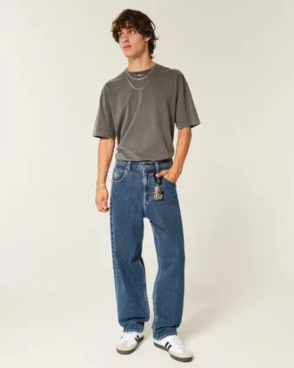 Jean baggy skater délavé moyen avec motif étoile