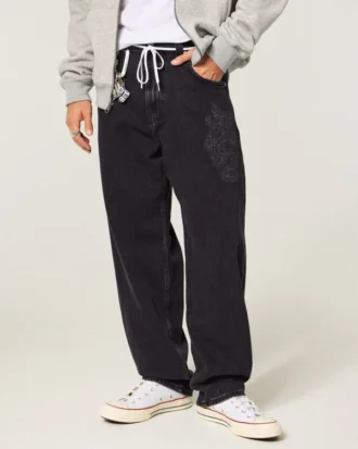 Jean baggy skater délavé noir avec motif dragon