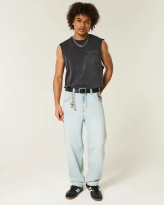 Jean baggy skateur délavé clair avec motif cartes à jouer