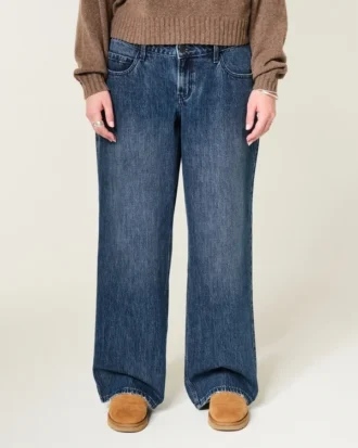 Jean baggy taille basse ajustable, délavage foncé