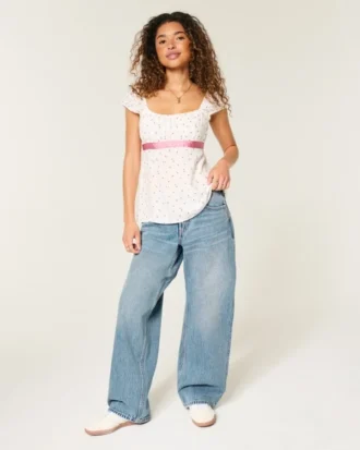 Jean baggy taille basse ajustable, délavage moyen