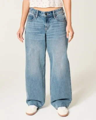Jean baggy taille basse ajustable, délavage moyen