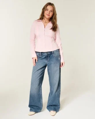Jean baggy taille basse délavé foncé avec broderies florales