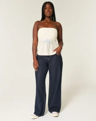 Jean baggy taille basse délavé foncé à taille repliée