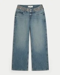 Jean baggy taille basse ultra basse, délavage moyen, brodé à la taille