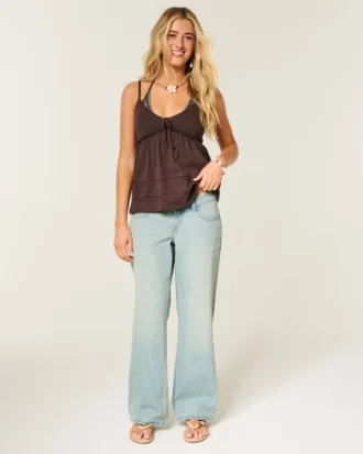 Jean baggy taille ultra basse délavé clair avec boucle dans le dos