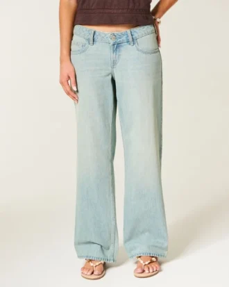 Jean baggy taille ultra basse délavé clair avec boucle dans le dos