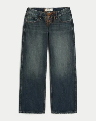 Jean baggy taille ultra basse, délavage foncé, lacets