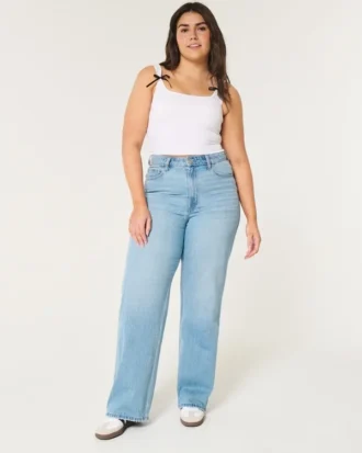 Jean baggy taille ultra haute, coupe courbée, délavage moyen