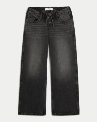 Jean baggy ultra taille basse délavé noir à lacets
