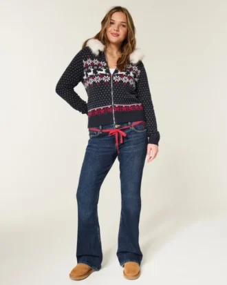 Jean bootcut taille basse délavé foncé avec cordon de serrage rouge à la taille