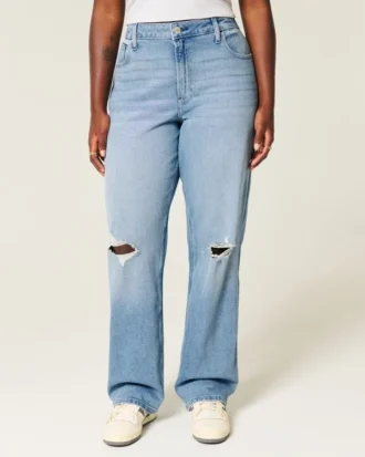Jean dad high-rise déchiré, coupe facile, délavage moyen
