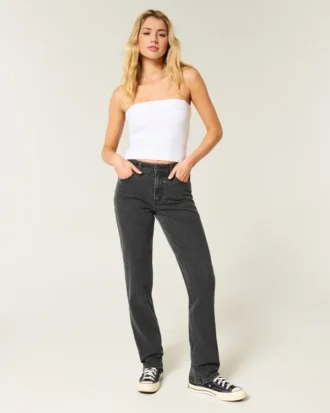 Jean droit noir délavé à taille haute