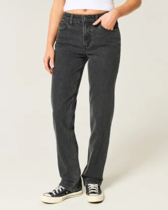 Jean droit noir délavé à taille haute
