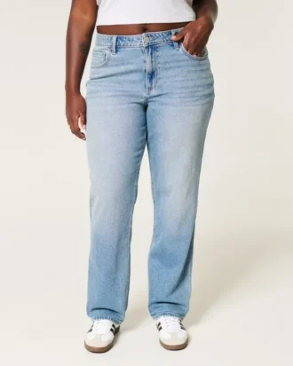 Jean droit taille haute à coupe courbée, délavage moyen