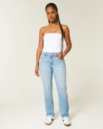 Jean droit taille haute délavé clair à coupes