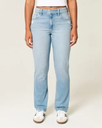 Jean droit taille haute délavé clair à coupes