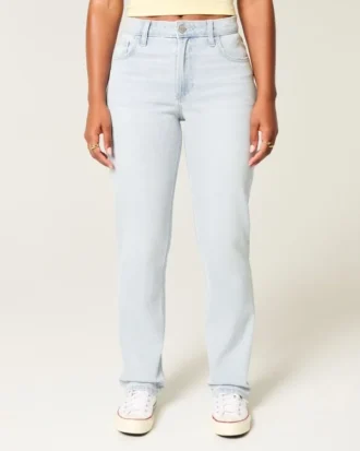 Jean droit taille haute délavé clair pour silhouettes rondes