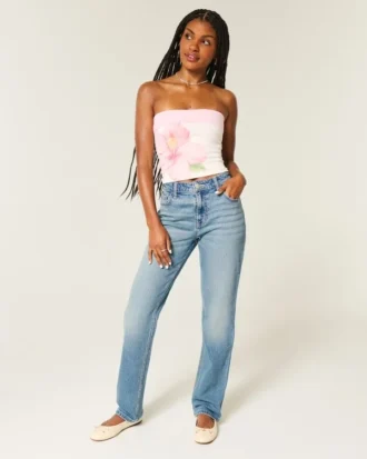 Jean droit taille haute délavage moyen