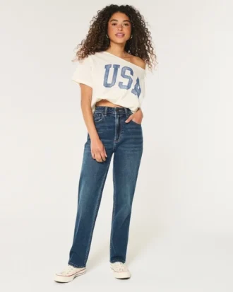 Jean droit taille ultra haute délavé foncé style années 90 Jean droit taille ultra haute délavé foncé style années 90