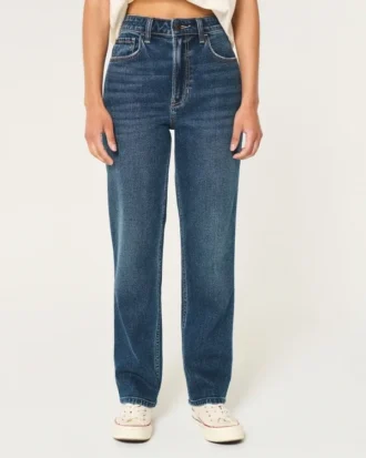 Jean droit taille ultra haute délavé foncé style années 90 Jean droit taille ultra haute délavé foncé style années 90