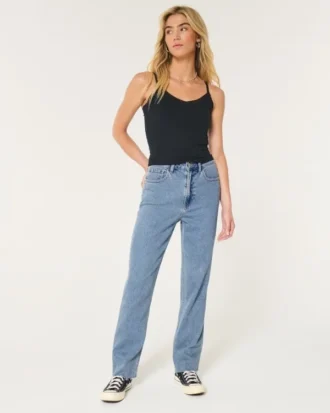 Jean droit taille ultra haute, délavage moyen, style années 90